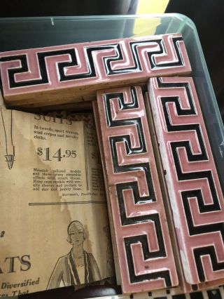 Rare 1920’s Art Deco Pink & Black Greek Key Design Border Tiles -