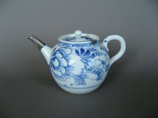 Small Japanese Blue And White Porcelain Tea Pot,  Silver Metal Spout.