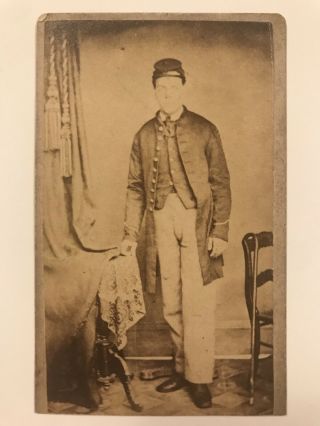 Rare Antique Civil War Soldier With Kepi Standing Next To Table Cdv Photo