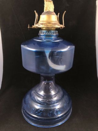 Antique Vintage Blue Base Glass Oil Kerosene Hurricane Lamp P & A Burner