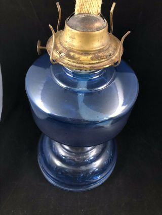 Antique Vintage Blue Base Glass Oil Kerosene Hurricane Lamp P & A Burner 3