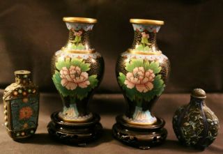 Fine Pair Chinese Cloisonne Enamel Floral Vases With Two Sniff Bottles