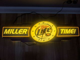 36 " Vintage Miller Lite Beer Lighted Clock Sign Miller Time Bar Light Rare