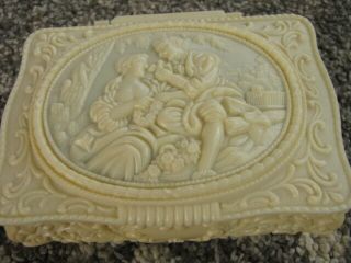 Vintage Celluloid Footed Ring Box Ornate Romeo Couple Rare Jewelry Art Deco