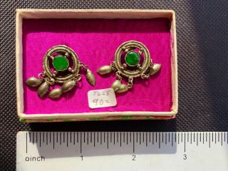 Antique Vintage Chinese Export Sterling silver Filigree Coin Symbol Jade Earring 2