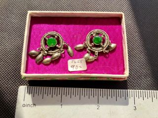 Antique Vintage Chinese Export Sterling silver Filigree Coin Symbol Jade Earring 3
