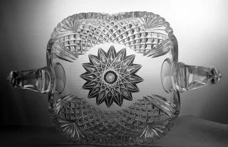 Large Abp Cut Glass Handled Square Sugar Bowl Strawberry Diamond &fan Rare Shape