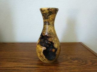 Rare 7 - 1/2 " Turned Buckeye Burl Wood Vase W/ Glass Tube Insert,  Signed