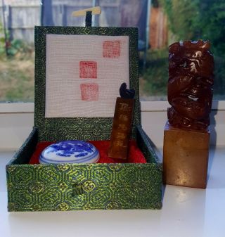 Vintage Chinese Carved Stone Seal/stamp.  Boxed. ,  Carved Dragon Soap Stone Seal.  Bl