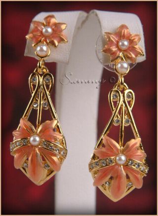 Rare Joan Rivers Gold W Peach Enamel Crystal & Pearl Orchid Flower Post Earrings