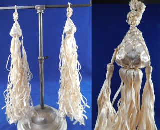 Vintage Edwardian Antique White Silk Braided Fringe Tassel Trim Pair 12” Long