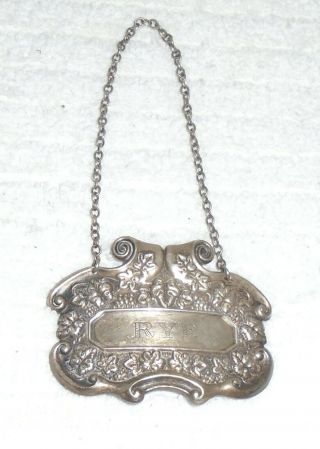 Large Vintage Antique Sterling Silver Rye (scroll With Leaves) Decanter Tag