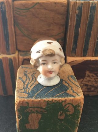 Bisque Porcelain Doll Head Half Doll Pincushion Topper Made In Germany