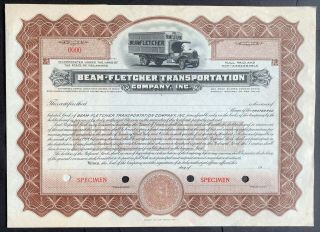 Beam - Fletcher Transportation Co,  Inc Stock Specimen Ca.  1920.  Nyc.  Rare.  Ef - Unc