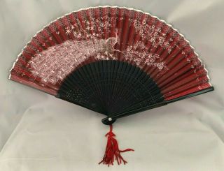 Antique Japanese Hand Fan Birds Peacock Landscape Painted Red Fabric Wooden Art