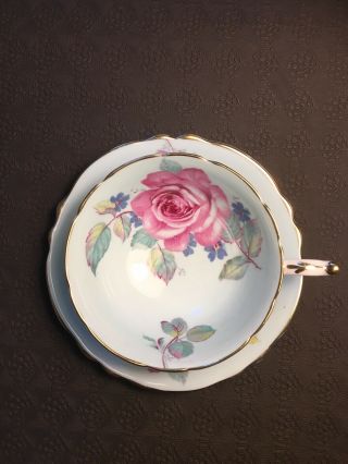 Rare Green Paragon Tea Cup And Saucer With Large Pink Cabbage Rose 2
