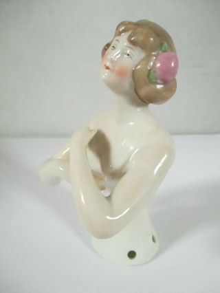 Antique German Porcelain Lady With Flowers In Her Hair Half Doll 3 3/8 Inches