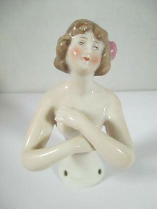 Antique German Porcelain Lady with Flowers in Her Hair Half Doll 3 3/8 Inches 2