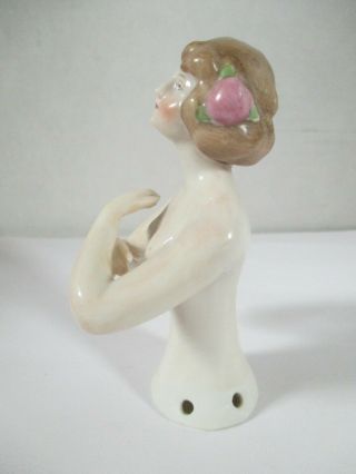 Antique German Porcelain Lady with Flowers in Her Hair Half Doll 3 3/8 Inches 3