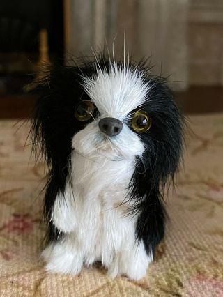 Vintage Miniature Dollhouse Artisan Made Black White Furry Pet Japanese Chin Dog