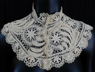 Vintage Victorian Antique Embroidered Cream Lace Capelet Shawl Collar Dress Trim