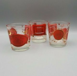 3 Vintage Whiskey Sour Old Fashion Rocks Red & Gold Drink Glass Recipe Low Ball