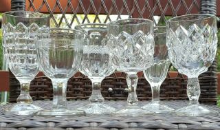 Set Of Six Antique Eapg Pattern Glass Cordial Stemware Waffle Diamonds Bars