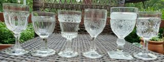 Set Of Six Antique Eapg Pattern Glass Cordial Stemware Floral Vines Beads Flower