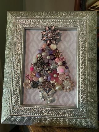 Vintage Jewelry Artwork Framed 5x7 Christmas Tree Silver Pink Purple Decoration