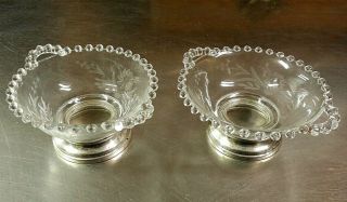 Pair Vintage 5 " Imperial Candlewick Etched Glass Candy Dishes W/ Sterling Bases