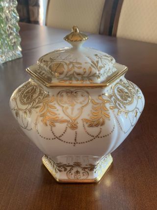 Antique Nippon Hand Painted Gold Encrusted Moriage Cracker Biscuit Cookie Jar