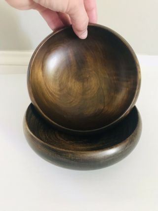 2 Vintage Walnut Solid Wood Bowls Hand Turned Dark Wood Mid Century Mcm Pair
