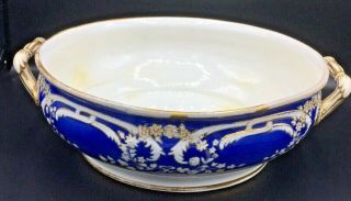 Impressive 12 " Antique Blue White Floral Gold Trim Decorative Bowl With Handles