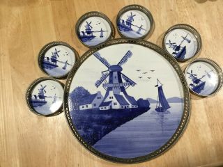 Antique Delft Blue Germany Porcelain Tray W Windmills & Sailing Ship W 6 Coaster