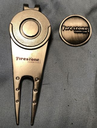 Firestone Country Club Magnetic Belt Clip Divot Tool W/ Ball Marker.  Rare