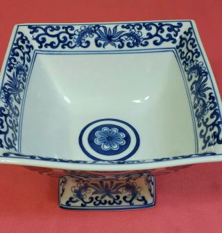 Vintage Chinese Blue And White Porcelain Square Bowl Handmade Marked