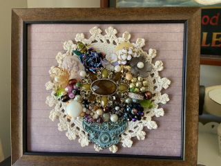 Vintage Jewelry Art Framed 6x6 Floral Bouquet Doily Decoration Gift