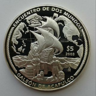 Rare 2003 Mexico $5 Galeon De Acapulco.  925 Sterling Proof Silver Coin