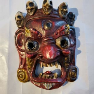 Vintage Hand Carved Painted Wooden Devil Demon Mask With Skulls,  Indonesia?
