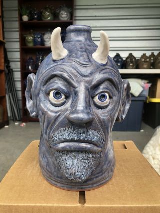 Rare Blue Spit Glaze Devil Face Jug By Lynn Thurmond Walton
