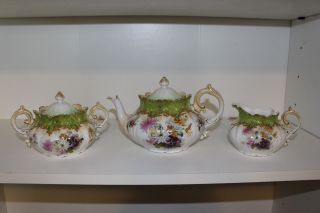 Antique Hand Painted Porcelain Tea Set - Teapot,  Creamer,  & Sugar Bowl W/lid