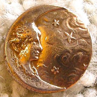 Ex Rare Antique Brass Woman In The Moon Button,  Ca.  1880s/1890s