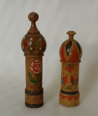 Two Vintage Russian Hand Decorated Wooden Treen Needle Cases