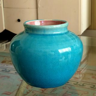 Antique American Pottery Pisgah Forest Nc 1930s Vtg Blue Glaze Round Stout Vase
