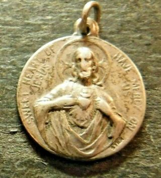 Antique Catholic Sacred Heart Of Jesus,  Holy Spirit Medal,  Sterling Silver