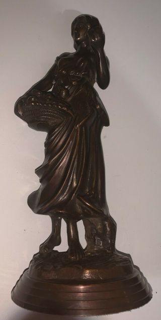 Vintage Arteriors Home Bronze Girl \with Fruit Basket Statue 11 1/4 Inches Tall