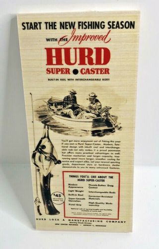Hurd Caster Old Fishing Reel Color Print Ad On Wood Man Cave
