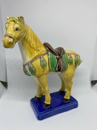 Vintage Chinese Porcelain Tang Horse Figurine With Yellow,  Green,  Blue Glaze