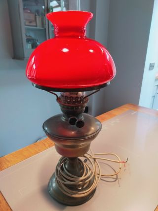 Converted Brass Vintage Oil Lamp With Red Glass Cowl,  Inner Heatproof Chimney