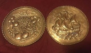 Vintage Brass Wall Hanging Decorative Plates Fruit And Ship
